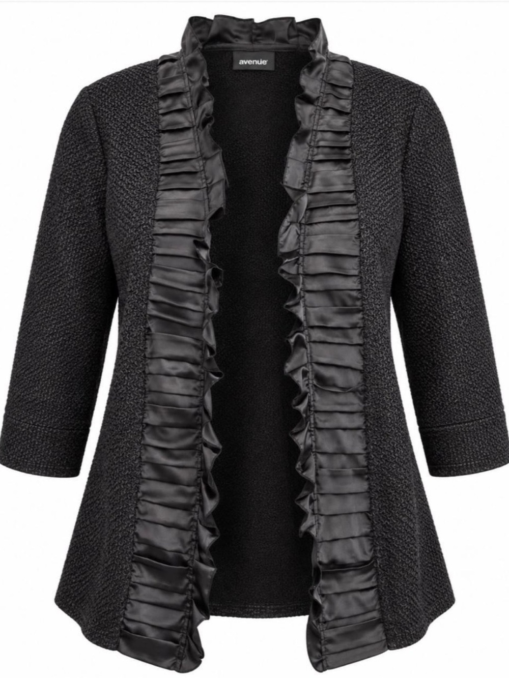 Avenue Black Open-Front Ruffle-Trim Cardigan